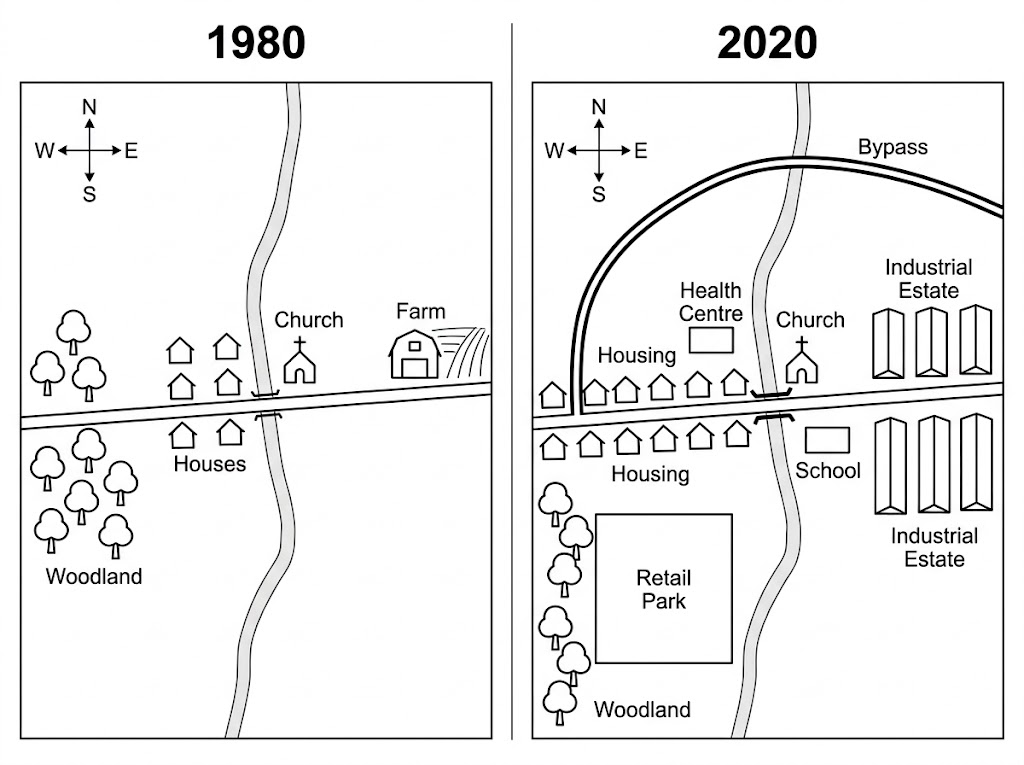 Map of Ashford in 1980 and 2020