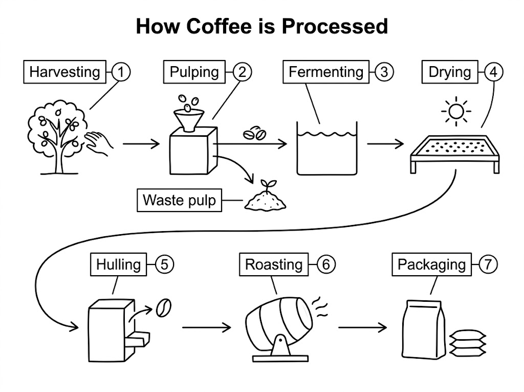 Diagram of the coffee production process, from harvesting to packaging