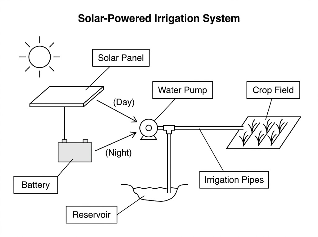Diagram of a solar-powered irrigation system, day and night operation